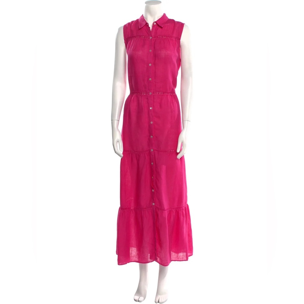 120% Lino Linen Maxi Shirt Dress Pink Sleeveless Button Front Size M